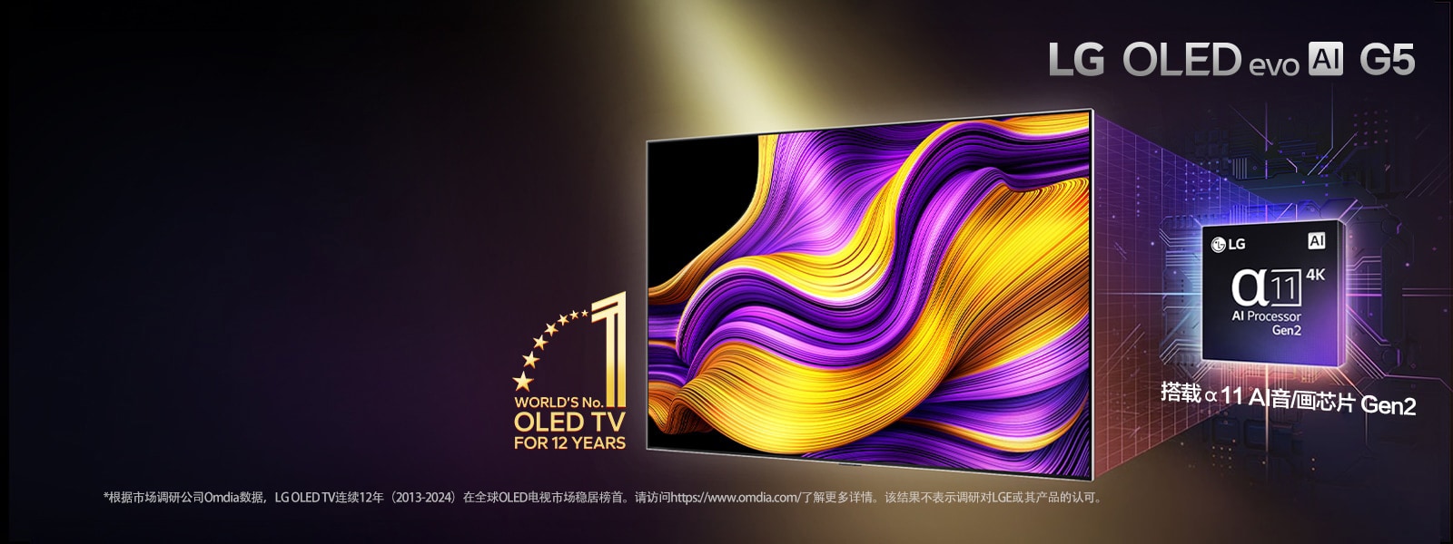 LG OLED G5 在黑色背景下显示了紫色和黄色的抽象图片。图像的左下角有“12 年世界第一的 OLED 电视”的标志。
