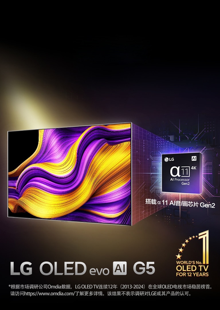 LG OLED G5 在黑色背景下显示了紫色和黄色的抽象图片。图像的左下角有“12 年世界第一的 OLED 电视”的标志。