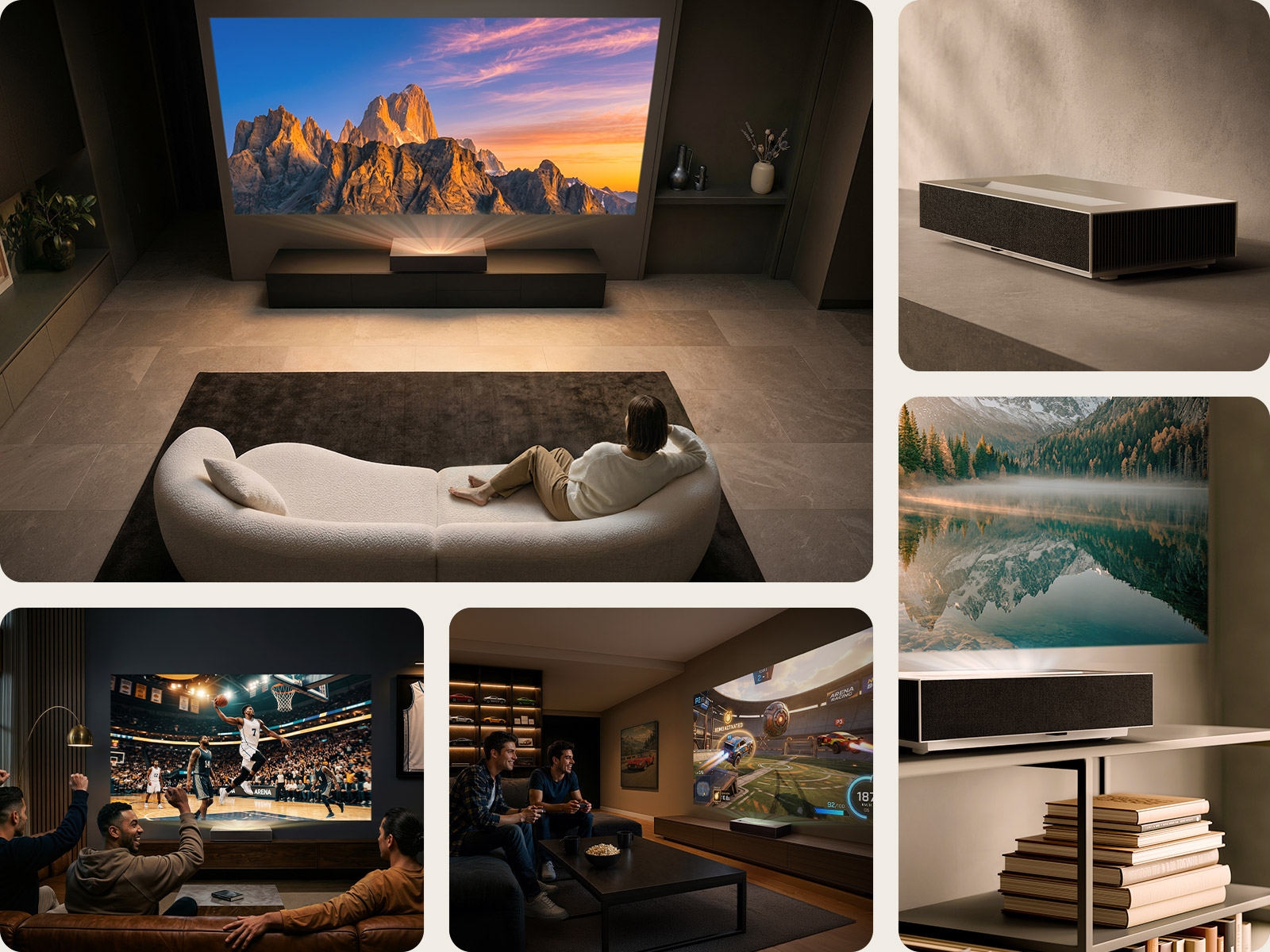 'Collage image of LG CineBeam HU925V projector displayed in modern interiors.