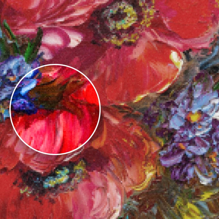 Comparison image of a colorful floral oil painting, showing the resolution difference between Full HD and 4K UHD with zoomed-in circles.