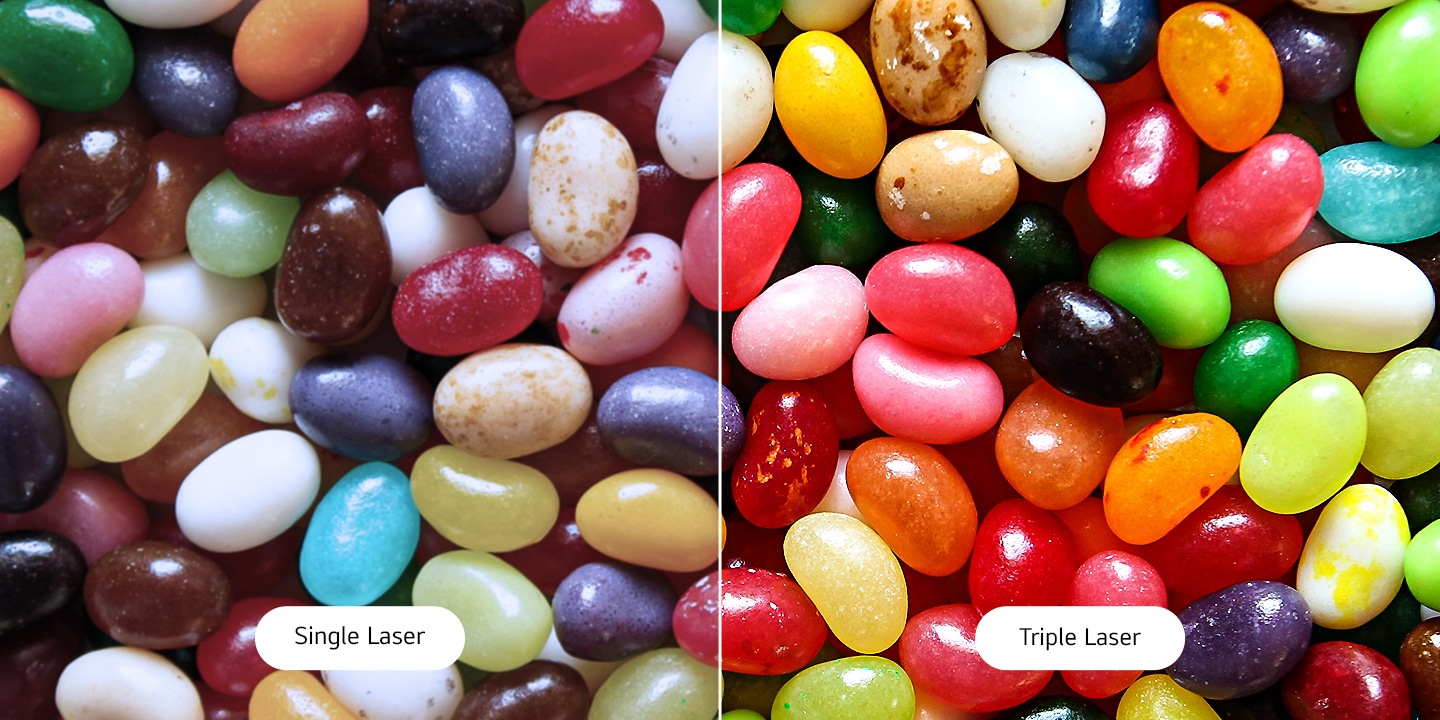 'Comparison image showing color differences between single laser and triple laser projection.