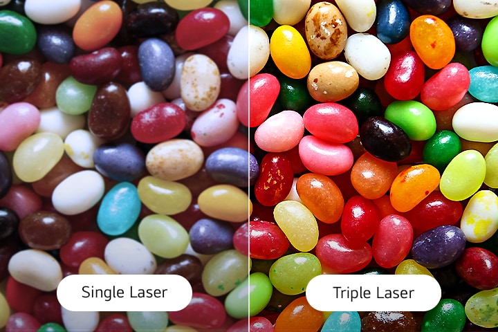 'Comparison image showing color differences between single laser and triple laser projection.