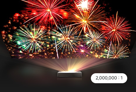 Image showing the LG CineBeam projector HU925V displaying vivid fireworks with a 2,000,000:1 contrast ratio.