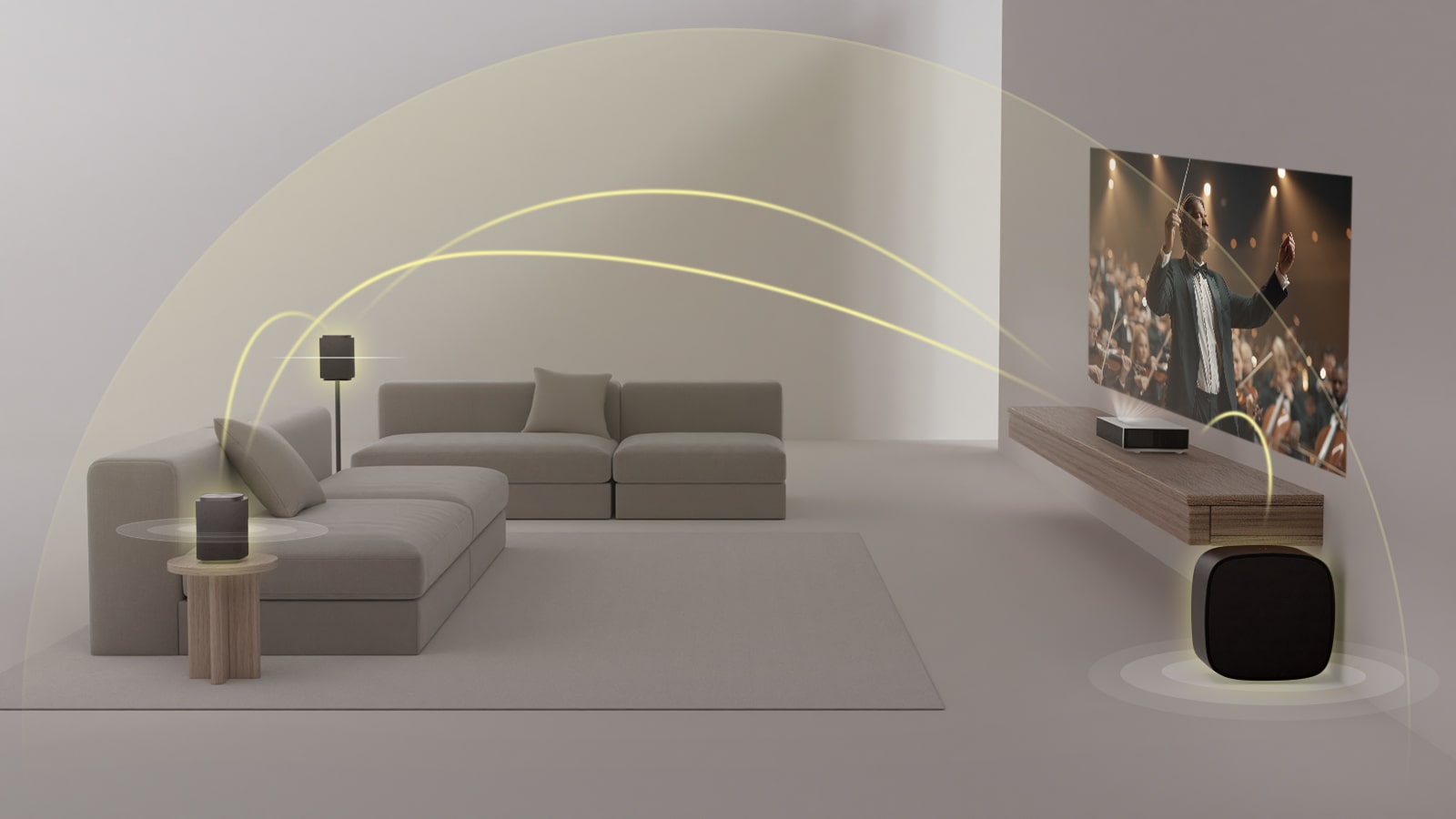 Video of Dolby Atmos FlexConnect with LG Sound Suite delivering fuller surround sound across the room with the LG CineBeam projector.