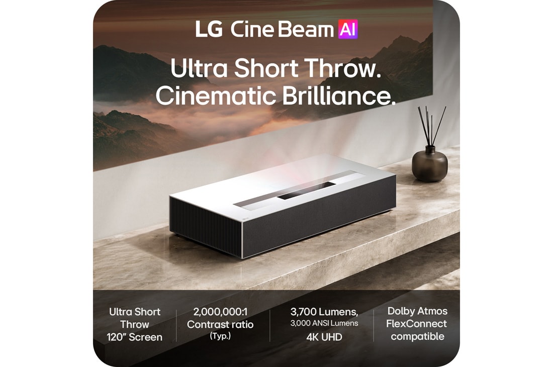 LG CineBeam HU925V | 支持 Dolby Atmos FlexConnect 的 4K 超短焦投影仪, key visual image of LG CineBeam AI projector highlighting main features, HU925V, thumbnail 3