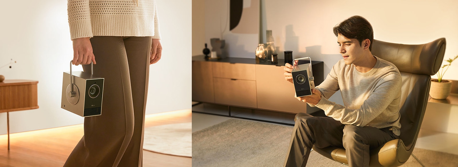 LG CineBeam HU710PB的多种使用场景 - 拿起和移动产品，操作产品。