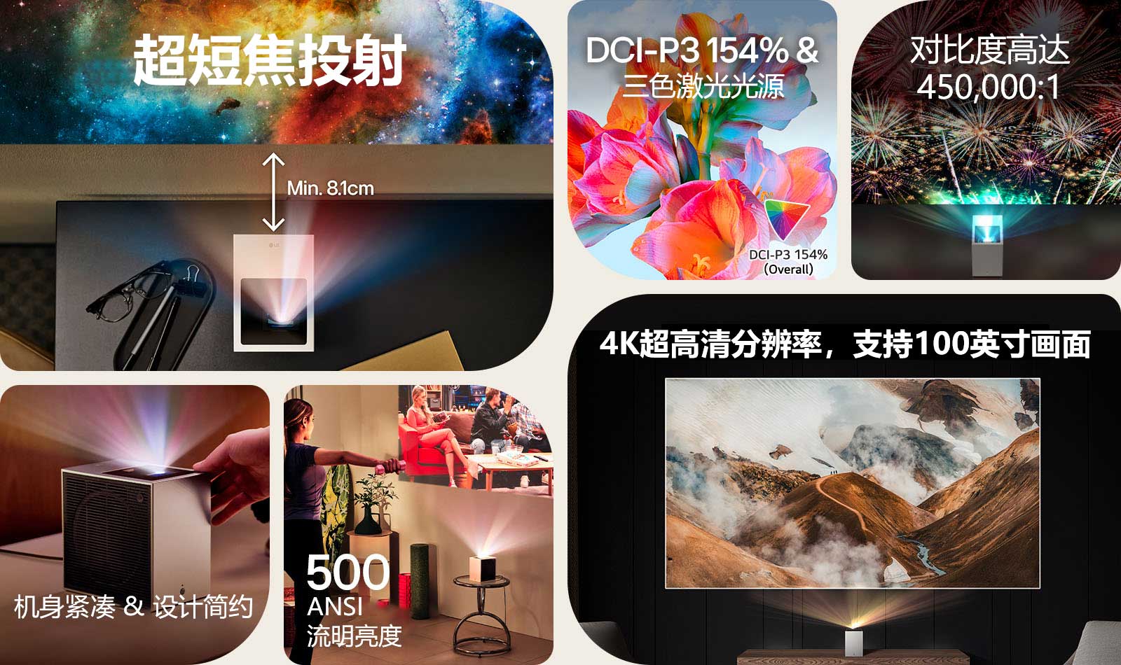 Six different LG CineBeam projectors and their projection images displayed together.