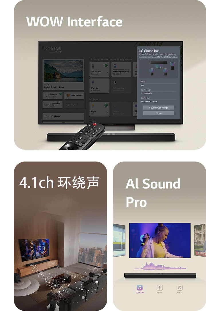 LG Remote 指向底部有 LG 回音壁 的 LG TV。LG TV 屏幕上显示 WOW Interface 菜单。  客厅里的 LG 回音壁、LG TV 和低音炮，屏幕正在播放音乐演奏。由水滴表示的两股白色声波（由 回音壁 发出），而低音炮正在从底部产生声效。  LG 回音壁 正在播放三个不同电视画面的声音。一个画面显示电影，另一个画面显示音乐会，另一个画面显示新闻。回音壁 下方有三个图标，表示各个类别。