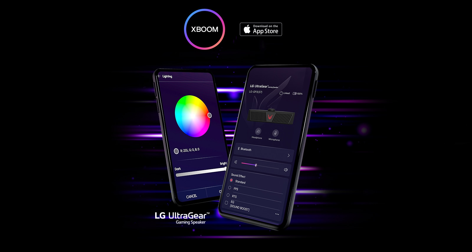 UltraGear APP 界面在两个手机屏幕上以 V 的形式开启。