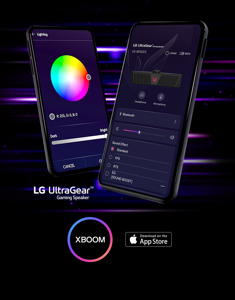 UltraGear APP 界面在两个手机屏幕上以 V 的形式开启。