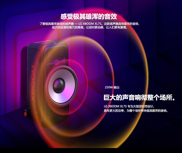 LG XBOOM XL7S 可放置在多种空间中。侧壁上显示有方形声波图形。扬声器中间有一个 8 英寸的大型低音炮，以增强 250W 雄浑的音响。声波来自低音炮。