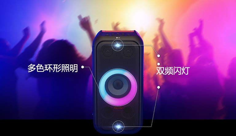 扬声器正视图。有一条线表示照明的每一部分。顶部和底部有双频闪灯。在中间，粉色和青色的渐变多色环形照明打开。上面是动态像素照明，显示仙人掌特征。