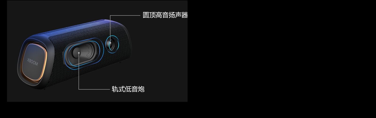 LG XBOOM Go XG7 斜视图，显示其轨式低音炮和圆顶高音扬声器。