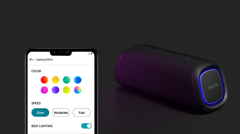 左侧显示了 My style（我的风格）用户界面。右侧显示了 LG XBOOM Go XG7 放置在地板上，具有蓝色灯光。
