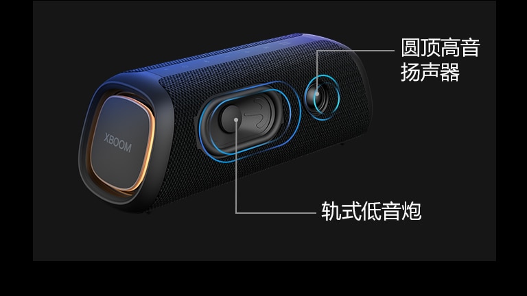 LG XBOOM Go XG7 斜视图，显示其轨式低音炮和圆顶高音扬声器。