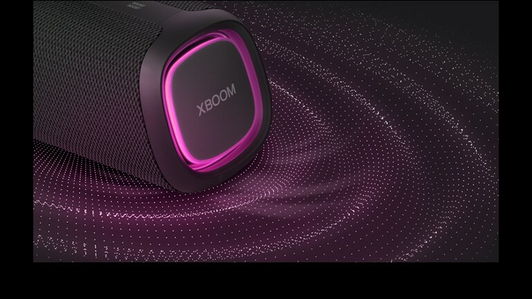 右侧（粉色灯亮起）特写视图。声波图形位于扬声器下方。