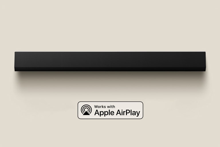 LG 回音壁 的俯视图。 Apple AirPlay 徽标 Amazon Alexa 徽标 Google Home 徽标