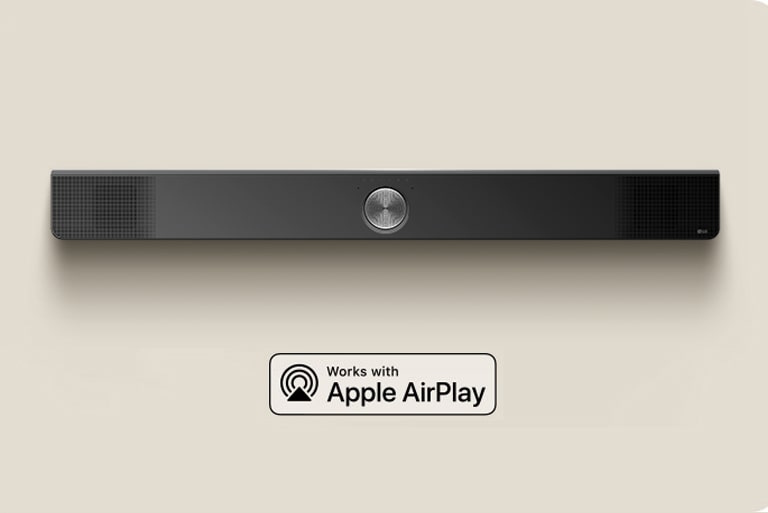 An overhead perspective of an LG Soundbar. Apple AirPlay logo Amazon Alexa logo Google Home logo