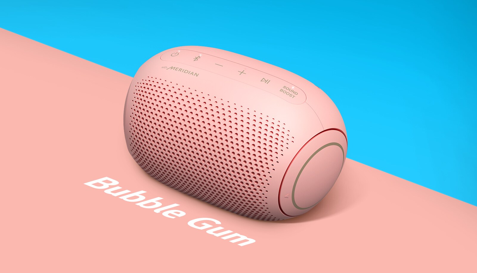 白色背景中，LG XBOOM Go 正面的对角俯视图。