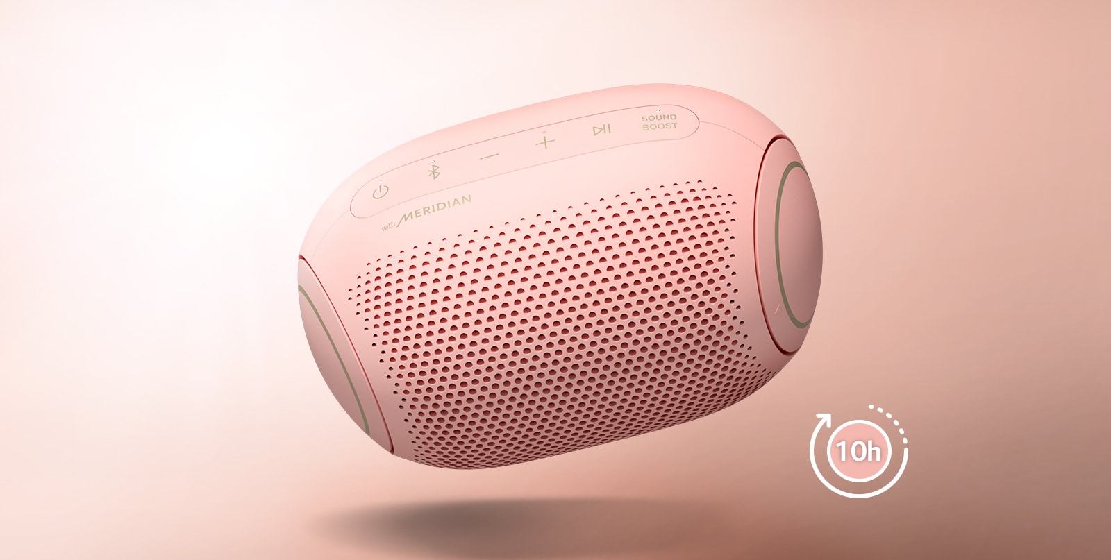 LG XBOOM Go 向左倾斜，漂浮在空中。