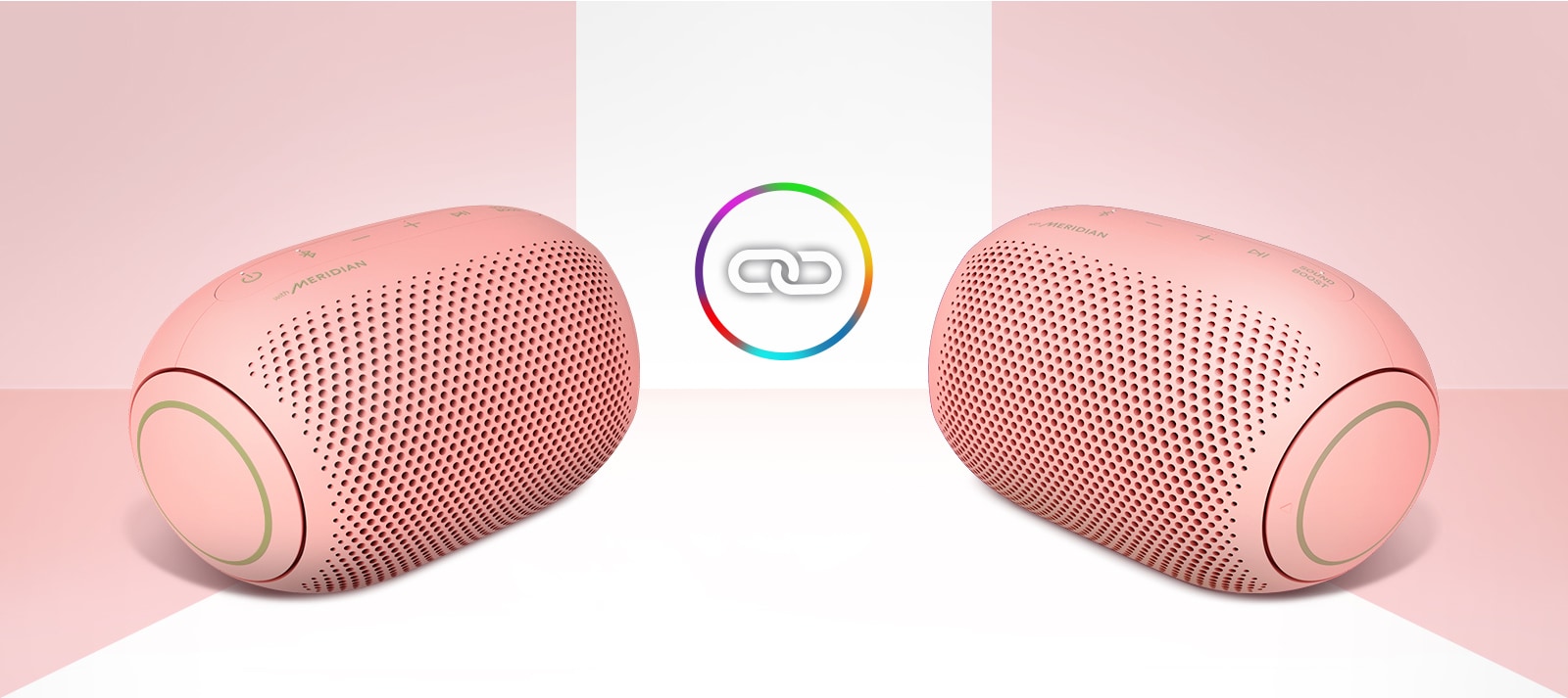 两个 LG XBOOM Gos 放在白色背景中，中间有一个环形图标。