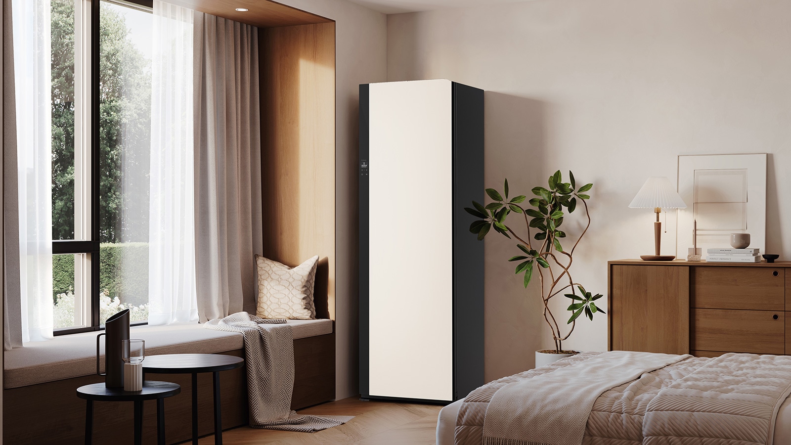 展示 LG Styler 蒸汽衣物护理机适合放置在各种空间和环境的视频