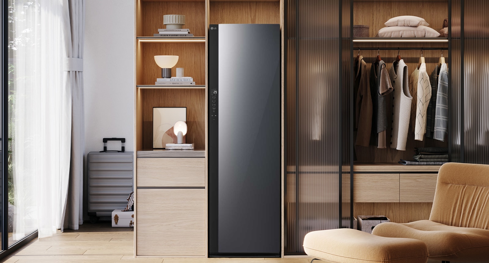 展示 LG Styler 蒸汽衣物护理机适合放置在各种空间和环境的视频