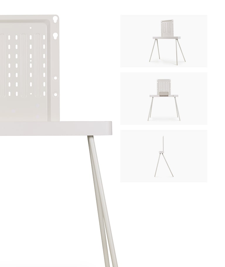 Partial view of Floor Stand bracket and legs. Next to it, there are full views of the Floor Stand from the front at an angle, from the back, and from the side facing left.