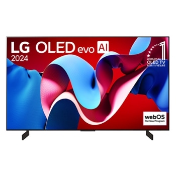 屏幕上标有LG OLED evo和LG OLED电视连续11年全球销量领先的正面视图，下方摆放有一个条形音箱。
