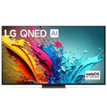 LG QNED TV, QNED85 的正面视图，屏幕上显示“LG QNED, 2024”字样和 webOS Re:New Program 徽标1