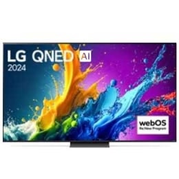 LG QNED TV, QNED81 的正面视图，屏幕上显示“LG QNED, 2024”字样和 webOS Re:New Program 徽标2