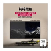 LG 42英寸 LG OLED evo AI C5X 4K智能电视, 客厅空间，墙上安装着LG OLED 电视。电视上显示的是繁星点点的漆黑夜空下的山脉。此场景一分为二。一边展示了一个较为暗淡、灰蒙蒙的景观，上面标注着非纯粹黑色显示。另一边是更为悦目的图片，黑白之间的动态范围更为宽广。上面标注着纯粹黑色显示。徽标认证也是可见的，纯粹黑色技术可在高达 500 lux 的条件下创造小于或等于 0.24 尼特的黑色水平。, OLED42C5XCA, thumbnail 6