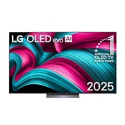 LG 77英寸 LG OLED evo AI C5 4K智能电视, LG OLED evo AI C5 4K 智能电视的正视图。屏幕上有 12 年全球最佳 OLED 标志和 LG OLED evo AI 2025 标志。, OLED77C5PCA, thumbnail 1