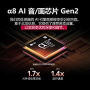LG 65 英寸 LG OLED AI B5 4K 智能电视, α8 AI 音/画芯片 Gen2 散发出橙色和粉色光芒，并发出彩色光芒。标题讲述了该处理器如何呈现 4K 画质、令人惊艳的色彩和亮度。图像文字显示了 AI 神经处理功能 NPU 的性能提升了约 1.7 倍，CPU 的运行速度提升 1.4 倍。, OLED65B5PCA, thumbnail 6