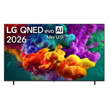 2026 年发布的 LG QNED evo AI QNED85 Mini LED 的正面视图，屏幕上充满了生动流畅的多彩颜色，如颜料作画般的动态，像团团密集的色彩云层在显示屏上无缝融合。1
