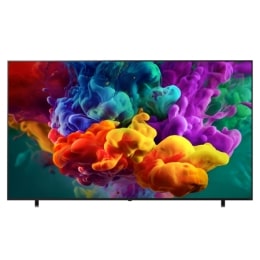 2026 年发布的 LG QNED evo AI QNED85 Mini LED 的正面视图，屏幕上充满了生动流畅的多彩颜色，如颜料作画般的动态，像团团密集的色彩云层在显示屏上无缝融合。