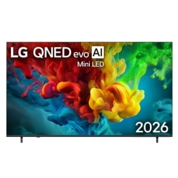 2026 年发布的 LG QNED evo AI QNED85 Mini LED 的正面视图，屏幕上充满了生动流畅的多彩颜色，如颜料作画般的动态，像团团密集的色彩云层在显示屏上无缝融合。2