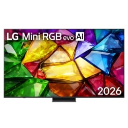LG QNED TV, QNED85 的正面视图，屏幕上显示“LG QNED, 2024”字样和 webOS Re:New Program 徽标