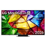 LG 2026 款 65 英寸 Mini RGB evo AI MRGB86 4K 智能电视, 2026 年发布的 LG Mini RGB evo AI MRGB85 的正面视图，采用纤薄黑色边框和短底座支脚设计，清晰锐利的多彩切面充满整个屏幕，呈现生动晶莹的画面。, 65MRGB86BCA, thumbnail 1