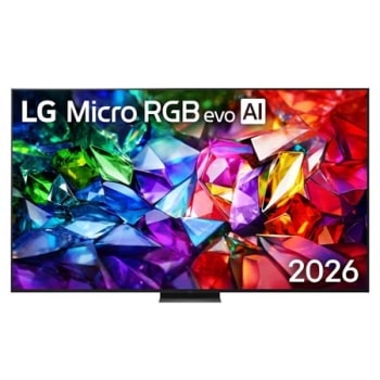 2026 年发布的 LG Micro RGB evo AI MRGB95 正面视图，采用纤薄黑色边框与低矮底座支脚设计，屏幕上呈现出清晰锐利的红、绿、蓝切面，画面生动晶莹。