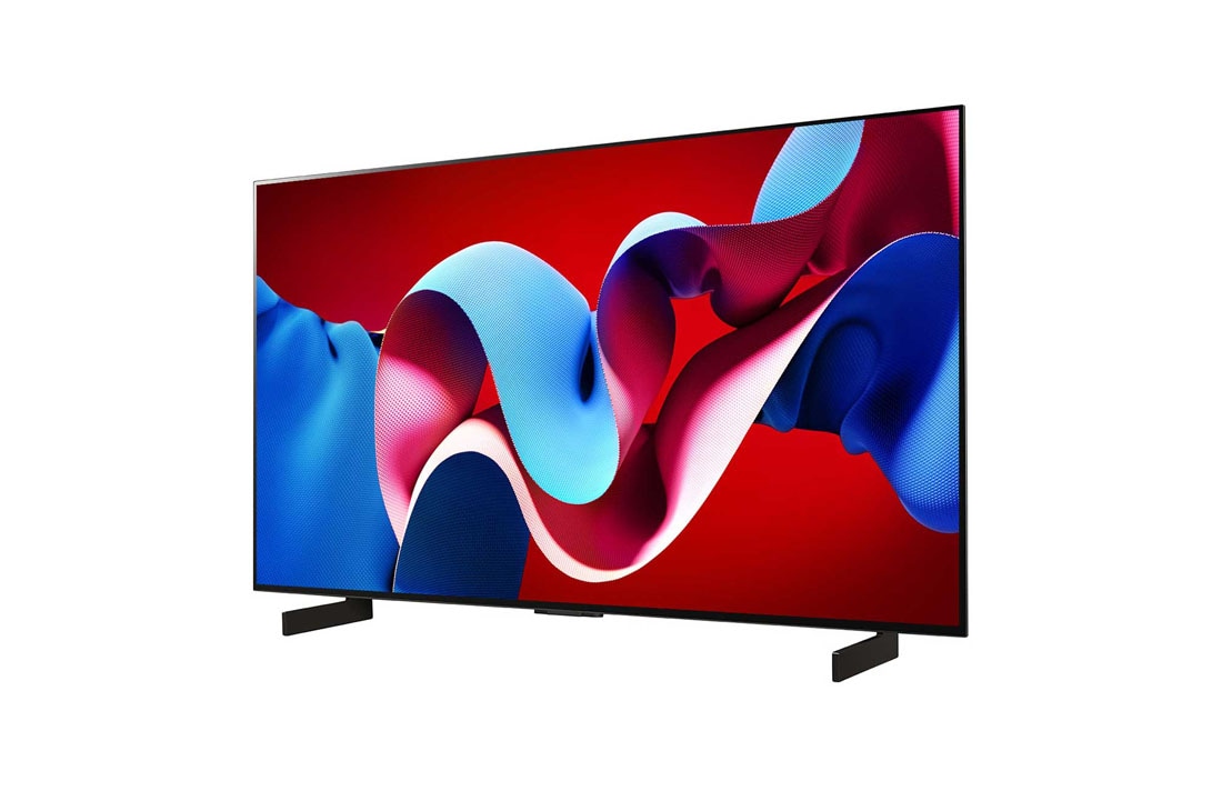 LG 42 英寸 LG OLED evo AI C4 4K 智能电视<br>OLED42C4, 略微倾斜的右侧视图，下方摆放有一个条形音箱，侧面是另一个扬声器。, OLED42C4PCA, thumbnail 2
