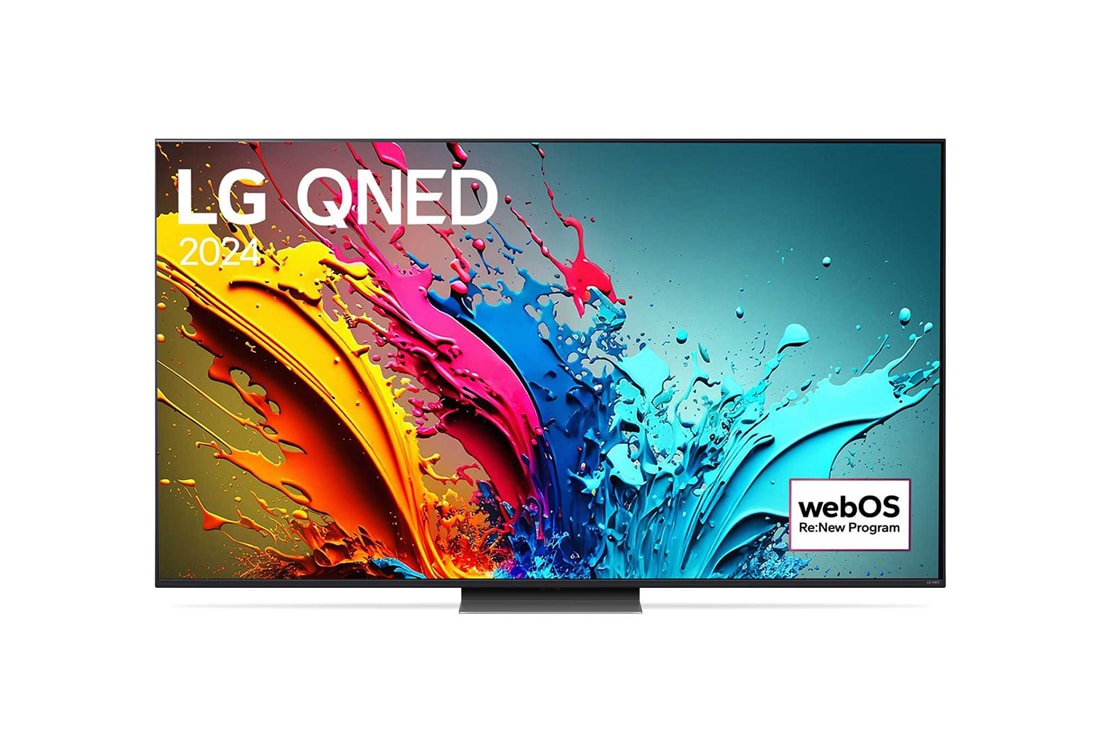 LG 75 英寸 LG QNED QNED86 <br>4K 智能电视 2024, LG QNED TV, QNED86 的正面视图，屏幕上显示“LG QNED, 2024”字样和 webOS Re:New Program 徽标, 75QNED86TCA