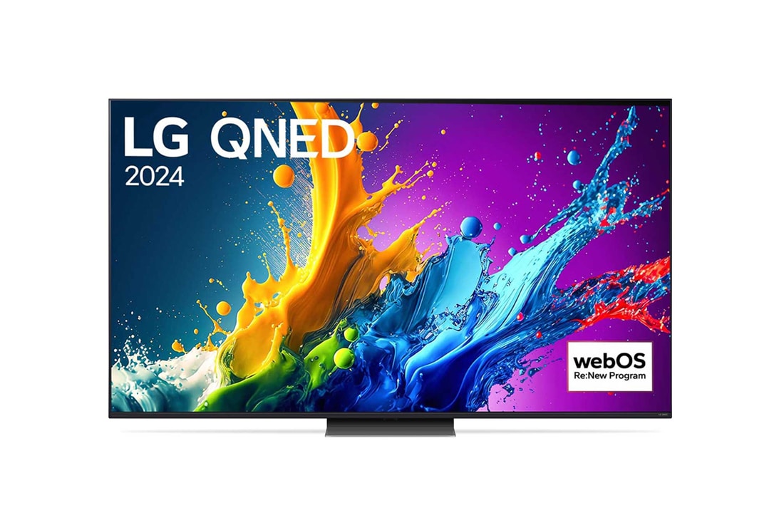 LG 86 英寸 LG QNED QNED81 4K 智能电视 2024, LG QNED TV, QNED81 的正面视图，屏幕上显示“LG QNED, 2024”字样和 webOS Re:New Program 徽标, 86QNED81TCA