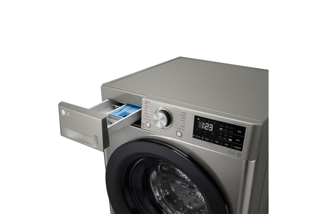 LG 人工智能·纤巧洗衣机 健康蒸汽洗 纤薄机身 10Kg 钛空银, 右侧视图，屏后盖打开, FY10PN4, thumbnail 6