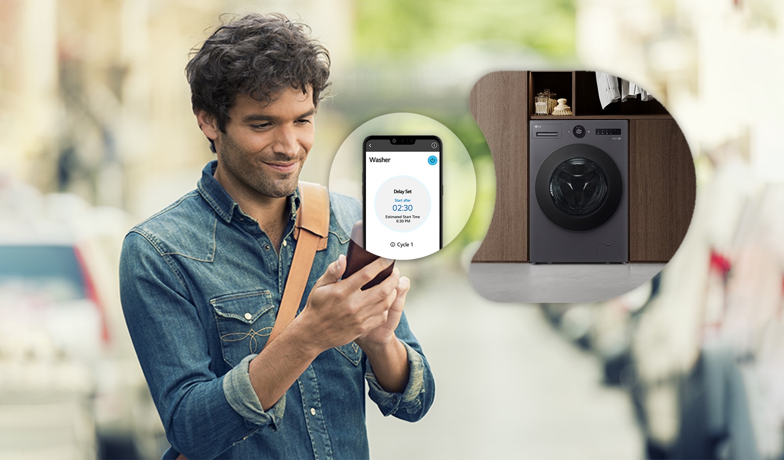 男士正在看着洗衣机。显示智能手机屏幕和他身旁洗衣机图像。