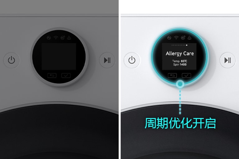 关闭周期优化功能后，打开电源，洗衣功能进程将继续依次进行。在 防过敏屏幕停止后，周期优化打开，并在防过敏护理进程中自动设置一个选项。