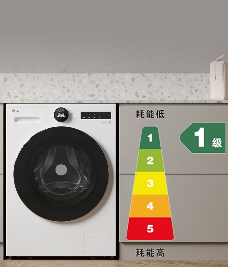 洗衣机旁边有图表和节能图标。