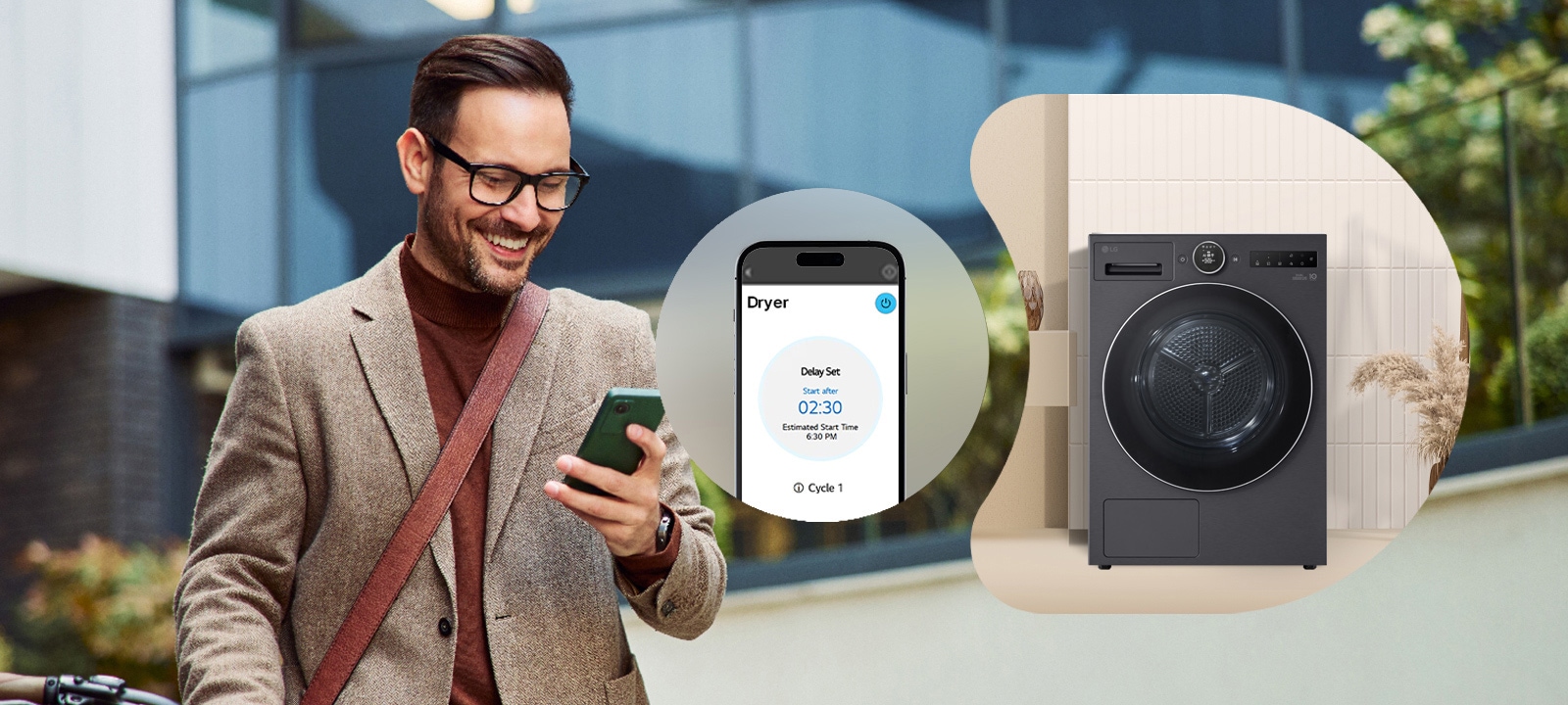 一位男士通过 ThinQ 应用程序远程控制 LG 烘干机。