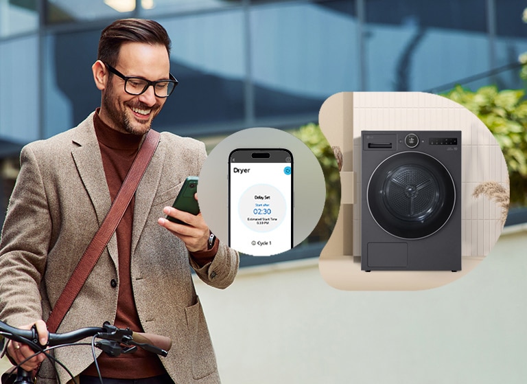 一位男士通过 ThinQ 应用程序远程控制 LG 烘干机。