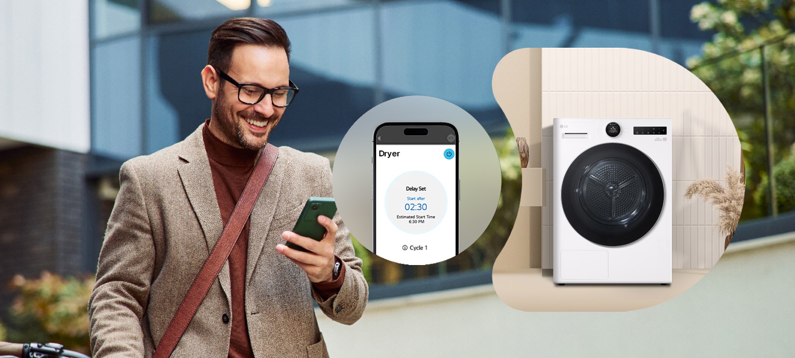 一位男士通过 ThinQ 应用程序远程控制 LG 烘干机。
